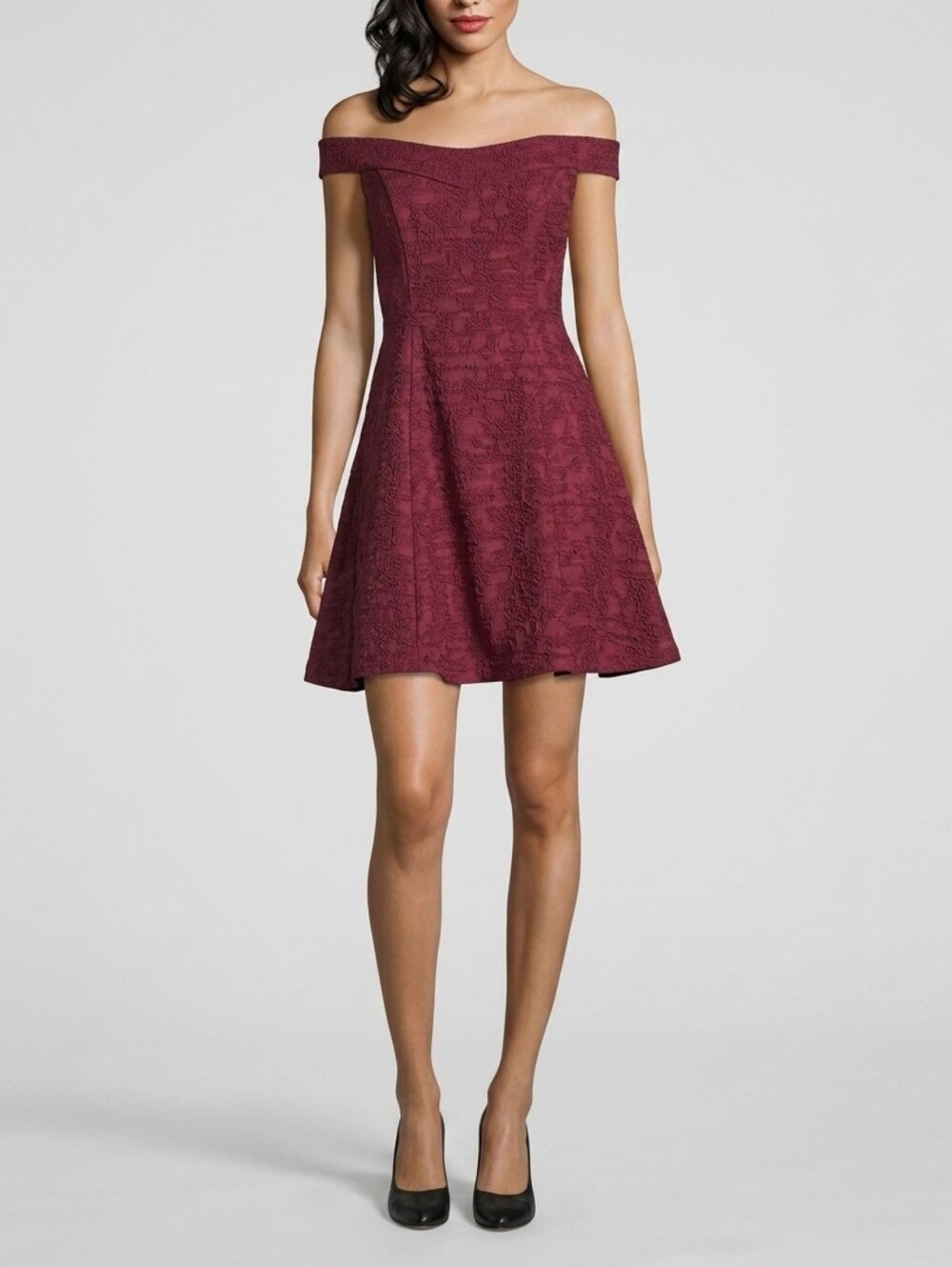 BETSY & ADAM Burgundy Off-the-Shoulder Glitter Mini Cocktail Dress - Size 6 - Picture 15 of 15